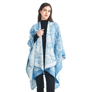 Women's blue and white paisley jacquard wool knit shawl cape wrap for autumn and winter