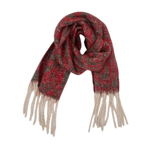 Detail of red and grey swirl jacquard scarf with thick off-white tassels and knit texture