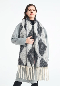 Close-up of winter knit scarf with grey argyle pattern and long cream tassels