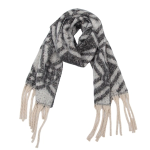 Close-up of thick winter scarf featuring grey check pattern and cream fringe tassels