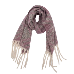 Macro detail of soft plaid knit scarf with long cream fringes in purple and taupe hues