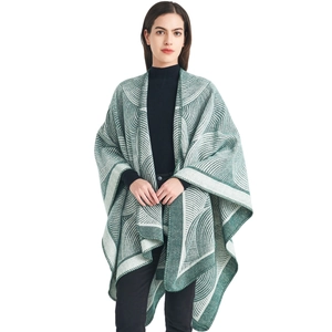 Châle Poncho pour Femme en Laine Jacquard Géométrique Chaud d'Hiver Cape Ouverte sur le Devant Haut en Tricot