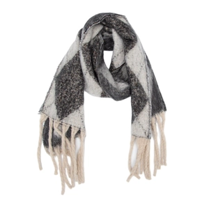 Close-up of thick knitted jacquard scarf featuring black and grey argyle pattern and fringe