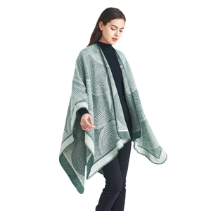 Châle en tricot pour femme avec motif jacquard géométrique vert foncé et coupe ample