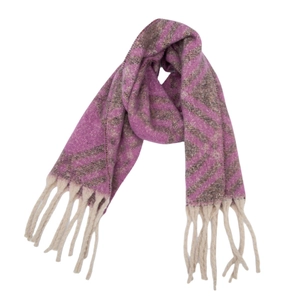 Detailed view of the purple and grey plaid knit scarf featuring long twisted fringes