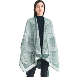 Châle cape oversize en laine pour femme avec motif géométrique jacquard vert d'hiver