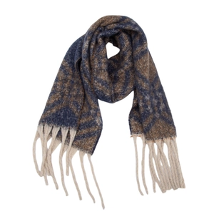 Detail of checkered knit scarf with geometric patterns and long off-white tassels