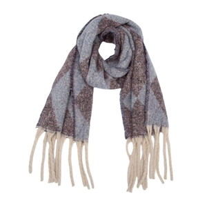 Close-up of winter knit scarf featuring blue and brown argyle patterns and thick tassels