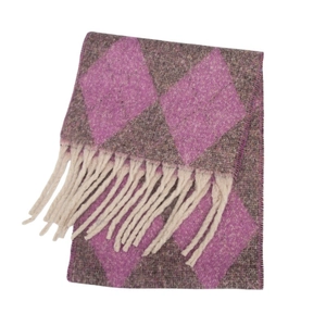 Detailed view of argyle knit scarf featuring purple plaid patterns and white tassel fringe