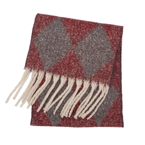 Detailed close-up of argyle knit pattern and white tassels on winter burgundy scarf
