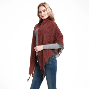 Women's burgundy knit triangle scarf with grey tassels for autumn and winter fashion