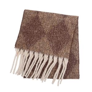 Detailed view of argyle pattern knit scarf with dense tassels in coffee and beige