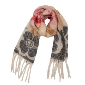 Detailed close-up of thick knit faux mohair texture with red tie-dye and gray floral patterns