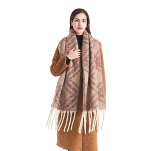 Women's vintage checked plaid scarf with thick white tassels and brown earthy tones