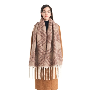 Plaid oversized scarf with oatmeal and brown tassels on camel wool coat for winter fashion