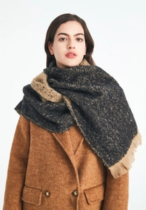 Close-up of winter thick tassel scarf with brown coat showing jacquard pattern texture