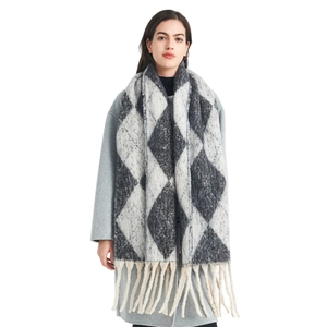 Thick knit argyle tassel scarf for women featuring classic black grey white check pattern