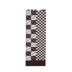 Close-up of brown and beige checkerboard knit scarf showing ribbed hem detail