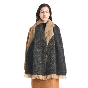 Thick geometric colorblock fringe shawl scarf for women in black grey and camel tones