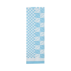 Close-up of light blue and white checkered knit scarf with geometric pattern details