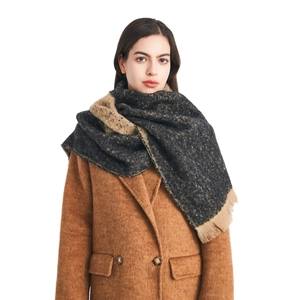 Winter chunky scarf with grey and camel color block and fringe trim for women