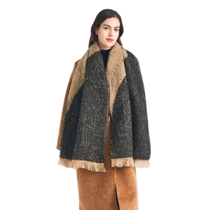 Thick winter scarf shawl with camel and black geometric patterns and fringe edges