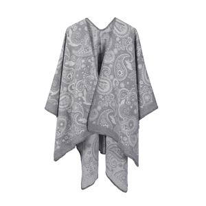 Elegant grey paisley jacquard wool poncho shawl for women featuring a thick knit finish