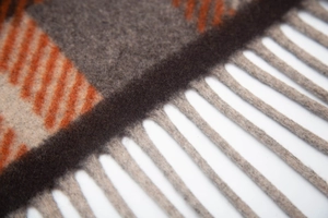 Detail shot of winter scarf showing soft orange and grey plaid fabric with long tassels