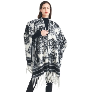Women Winter Poncho Cape Shawl Tassels Plaid Water Ink Pattern Warm Polyester Wrap Fashion Accessory For Ladies