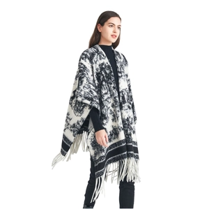 Women's black and white ink painting knit shawl with stylish tassel hem and jacquard design