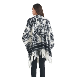 Women's knit poncho wrap with black and white ink painting design and long tassels