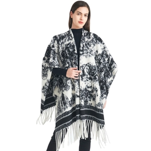 Women's ink painting jacquard shawl wrap with fringe tassels for autumn winter fashion