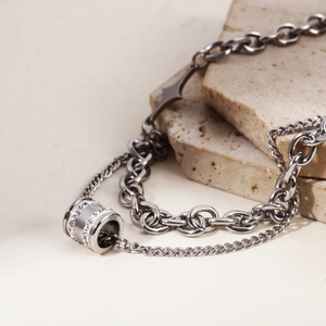 Layered Stainless Steel Necklace With Zircon Cylinder Pendant And Star Charm Hip Hop Style For Women Men