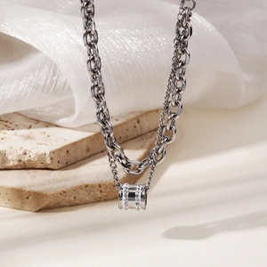Double layered stainless steel necklace with sparkling crystal cylinder pendant jewelry