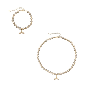 Parure de bijoux en perles avec collier et bracelet à pendentif queue de poisson