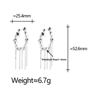 Detail view of silver tassel earrings with 5mm pearls and precise size measurements