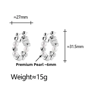 Detailed size specifications for beaded C-shape earrings with silver beads and pearls