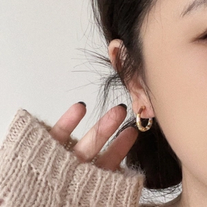 Modern gold-plated hoop earrings with multi-color enamel stripes worn by a model