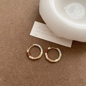 Retro gold plated hoop earrings with multi-color enamel sections and modern design