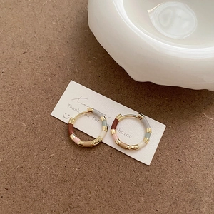 Minimalist gold-plated hoop earrings with multi-color enamel blocks in retro geometric style