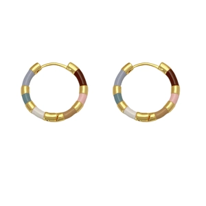 Minimalist gold-plated hoop earrings with multi-color enamel sections on white background