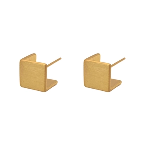 L-shaped geometric cube earrings with matte brushed gold finish on a white background