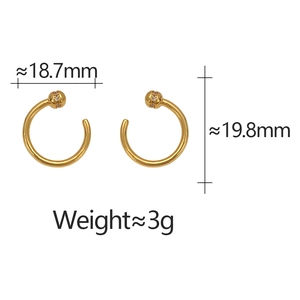 Detail view of rose gold C-shaped earrings with crystal beads and dimension specs