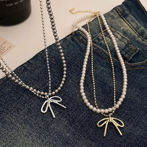 Eleganter Bogen Anhänger Halskette Doppellagig Kupfer Imitationsperle Gold Silber Plattiert Choker Für Damen Party Schmuck Geschenk