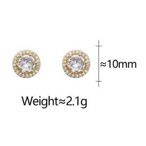 Detailed view of gold round stud earrings with 10mm diameter and 2.1g weight display