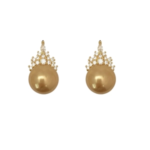 Elegant crown design earrings with lustrous gold pearls and zircon inlay on white background