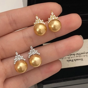 Elegant gold pearl crown drop earrings with micro-inlaid cubic zirconia in gold and silver