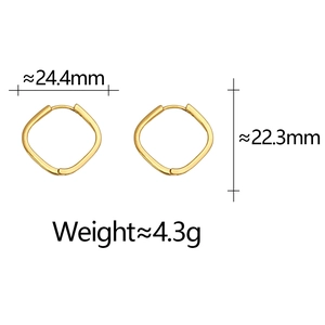 Detailed size view of square gold earrings with 24.4mm width and 22.3mm height
