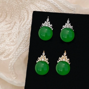 Green chalcedony crown stud earrings with sparkling cubic zirconia in gold and silver