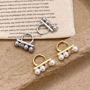 French Elegant Hoop Earrings With Artificial Pearl Zircon Copper 925 Sterling Silver Earring Post Fashion Jewelry For Women